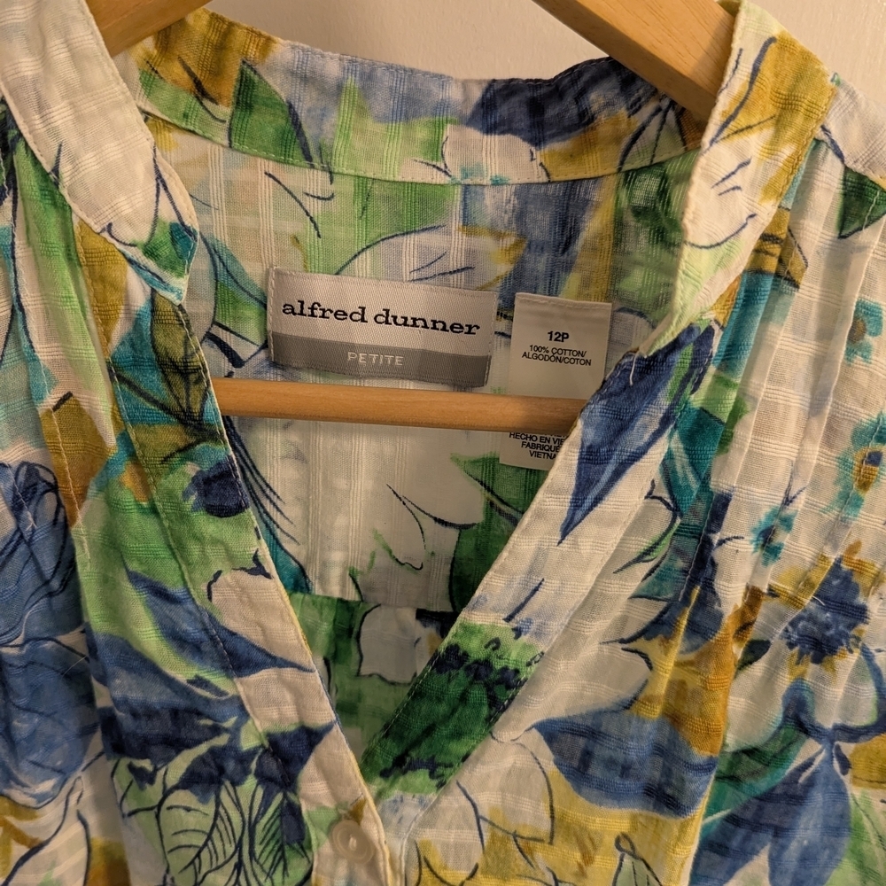 Alfred Dunner Blue Green Floral Blouse 100% Cotton - Picture 2 of 7